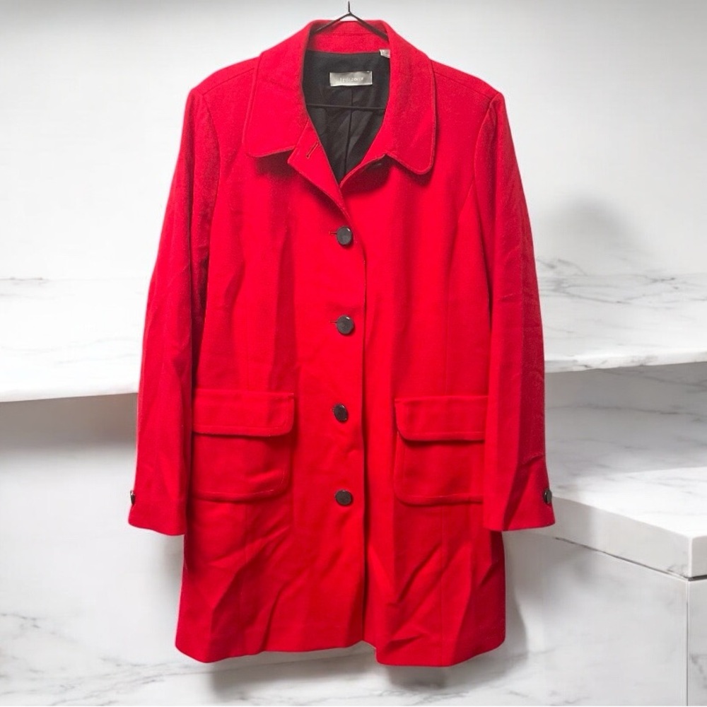 Liz Claiborne Red Trench Coat with Notched Lapel and Wool Blend